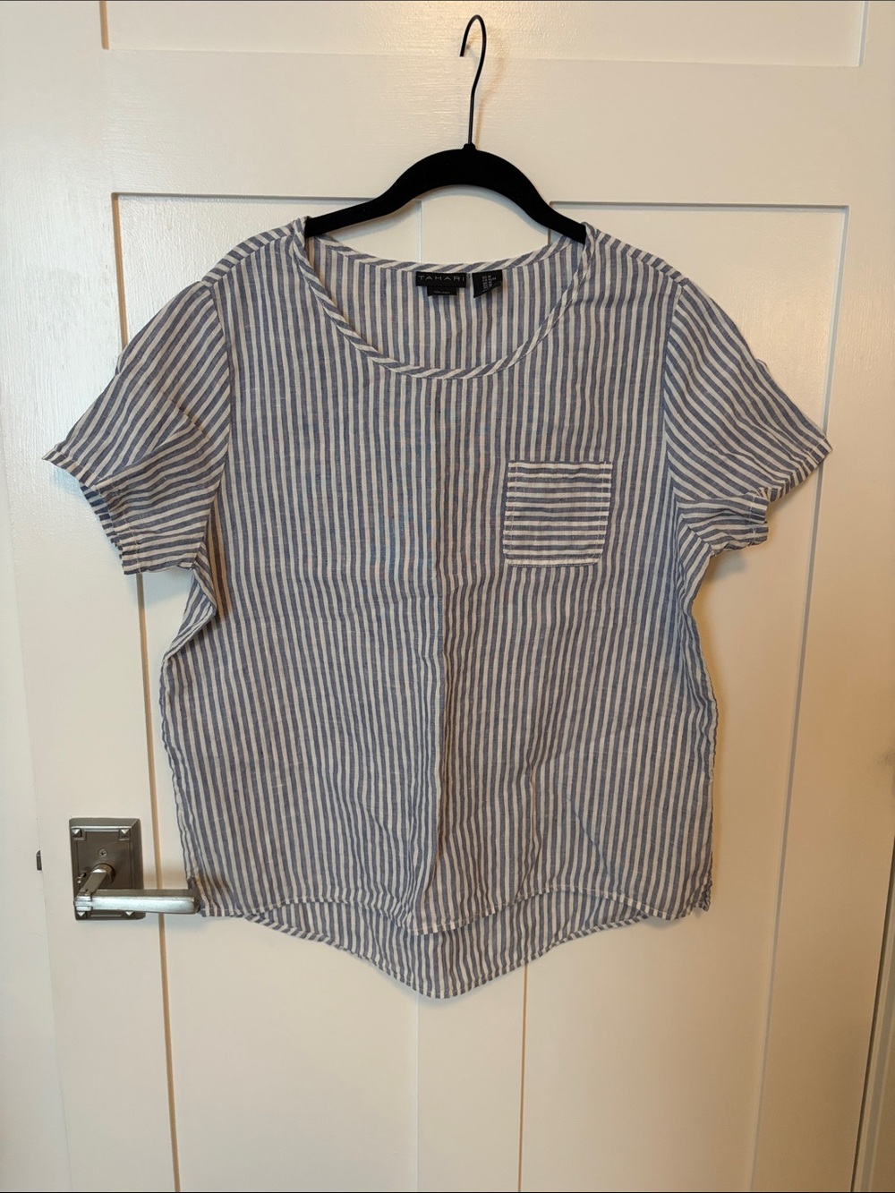 Tahari 100% Linen Blue and White Striped Top